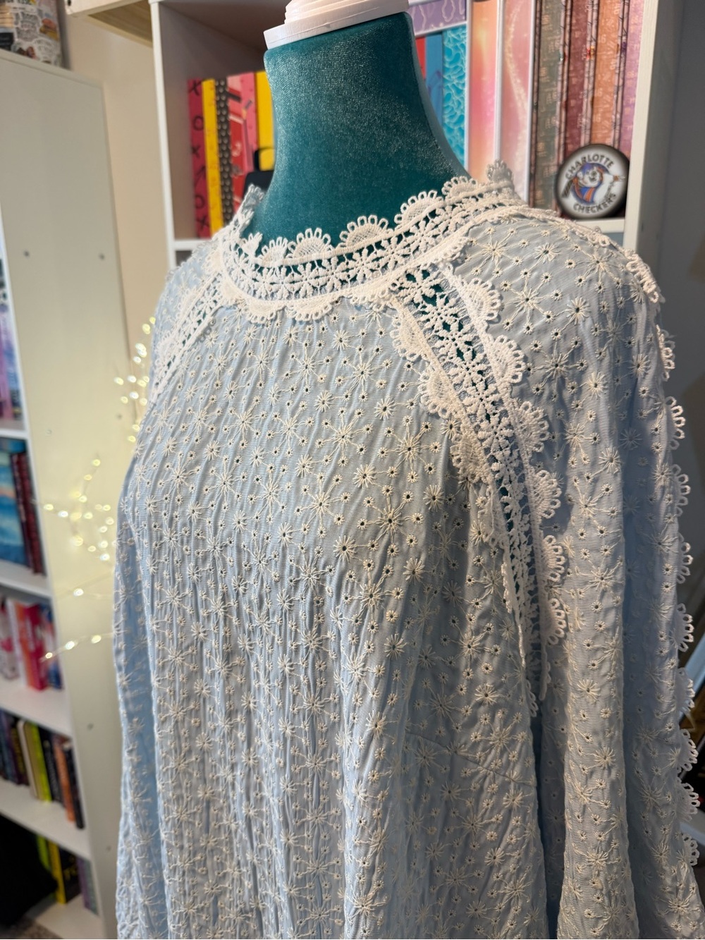 SHEIN Light Blue Eyelet Lace Long Sleeve Blouse - Picture 11 of 15
